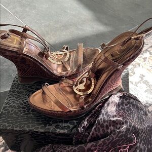 Baby Phat Metallic Bronze Wedge Sandals with Decorative Hoop
